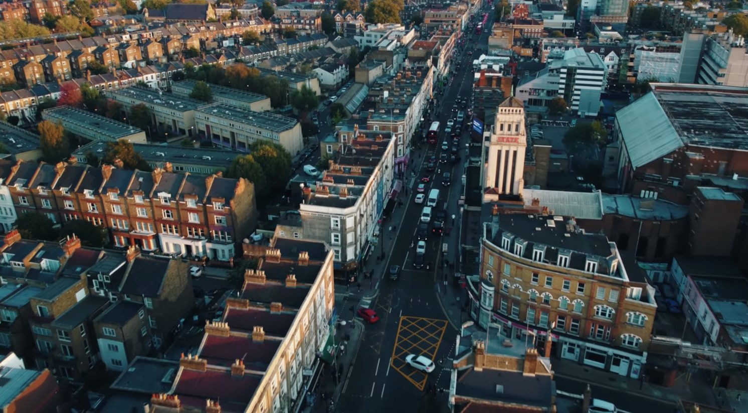 Aerial view of Kilburn High Road and Gaumont State Theatre
